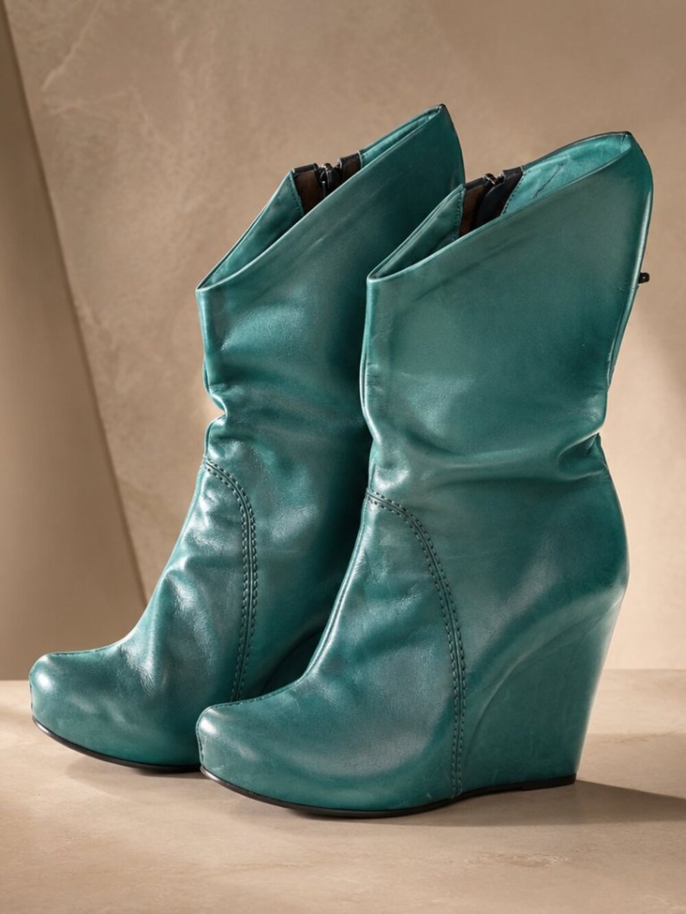 Venezia Teal Wedge Boots Side Zip Slouch Platform Leather EU 37